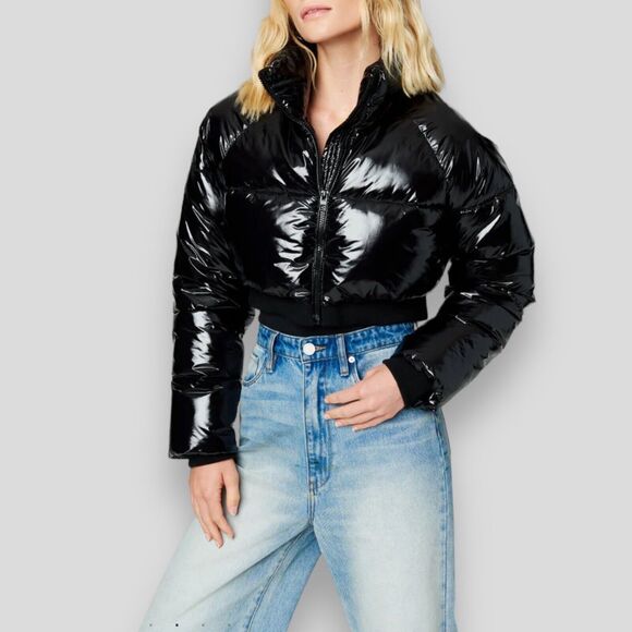 Blank NYC Jacket Women’s L Black Crop Puffer in Cold Lover Shine Nylon High Neck - Picture 14 of 15